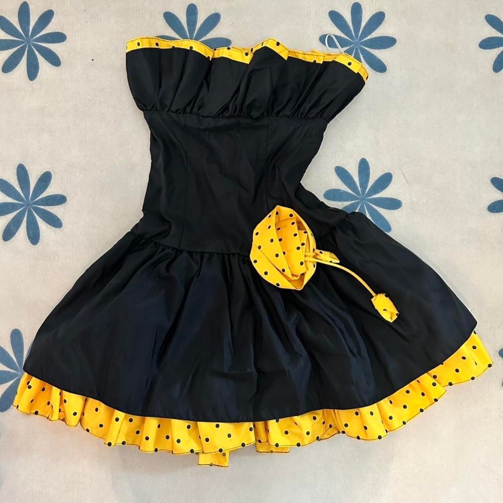 Vintage 80s Strapless Black Party Dress Yellow Polka Dot Rosette Prom Dress